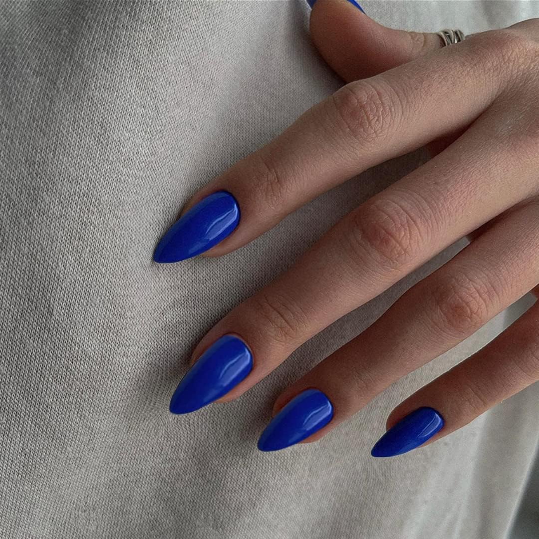 Dark Blue Press on Nails Medium Stiletto Almond,KQueenest Pure Color Acrylic Nails Kit Reusable Fake Nails with Feature Protective UV Coating for Women Nail Art Manicure in 24PCS