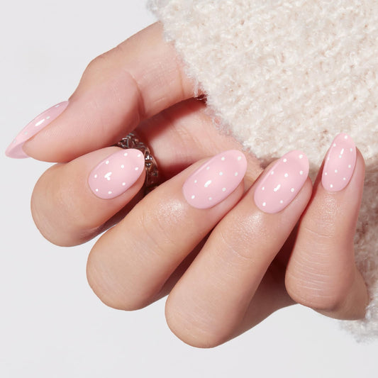 modelones Pink Short Polka Dot Press on Nails, Semi-Transparent Oval Fake Nails Kit Press Ons with Nail Glue, Adhesive Tabs, Nail File, Prep Pad, Manicure Stick, 32Pcs 16 Sizes, Spring Women Girl Gift