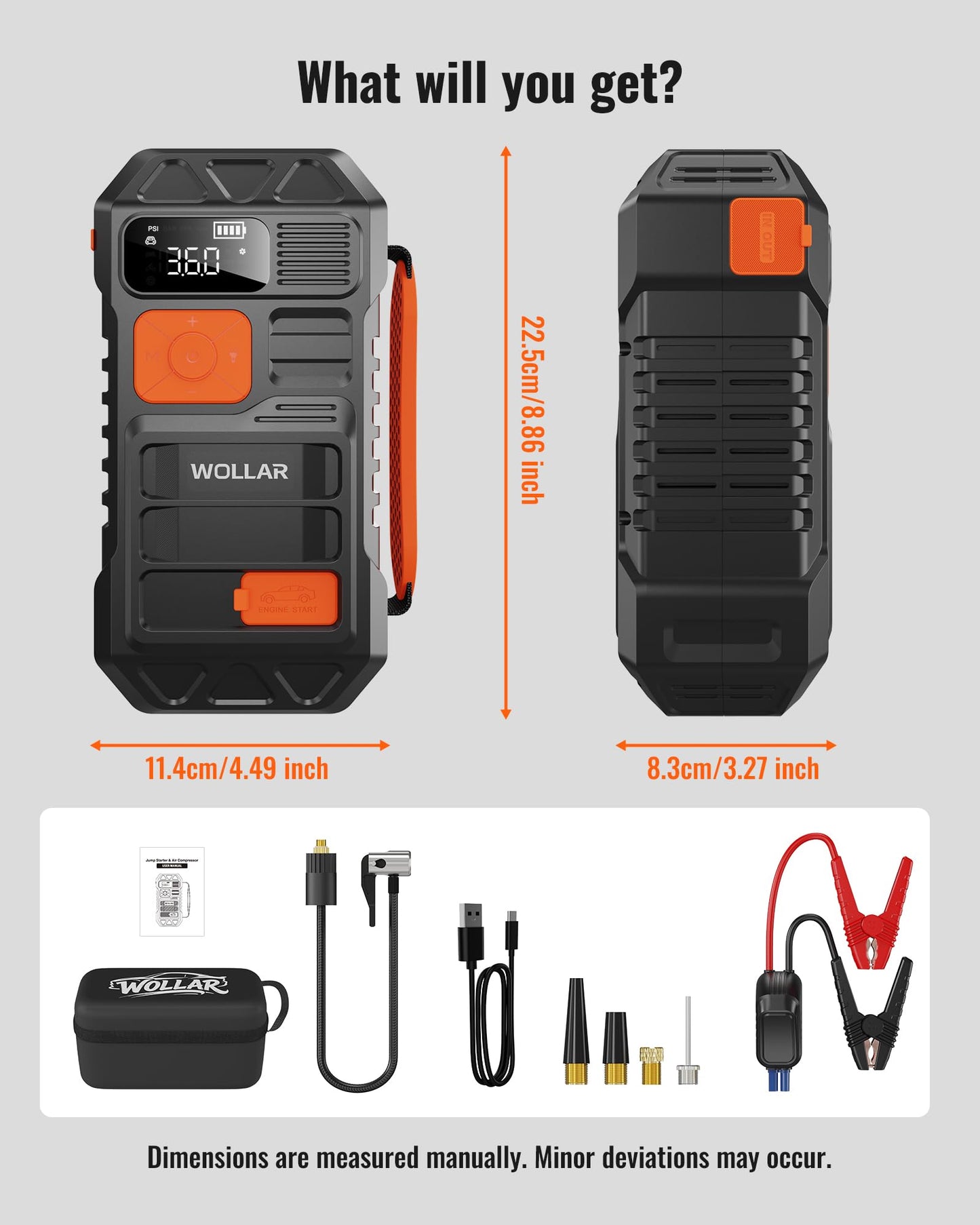 WOLLAR 4000A Jump Starter with 160PSI Air Compressor - Car Battery Jumper Starter, 88.8Wh Portable Tire Inflator, 12V Jump Box, 24000mAh Powerbank, Dual Flashlight for 8.5L Gas & 7.5L Diesel Engines