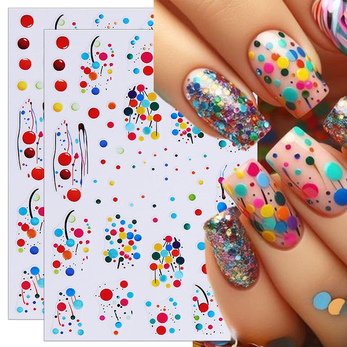 IDDFEVE French Rainbow Dot Nail Stickers - French Line Balloon Party Self-Adhesive Nail Art Decals for Women Girls, DIY Colorful Christmas New Year Celebration Pride Month Manicure (4 Sheets)