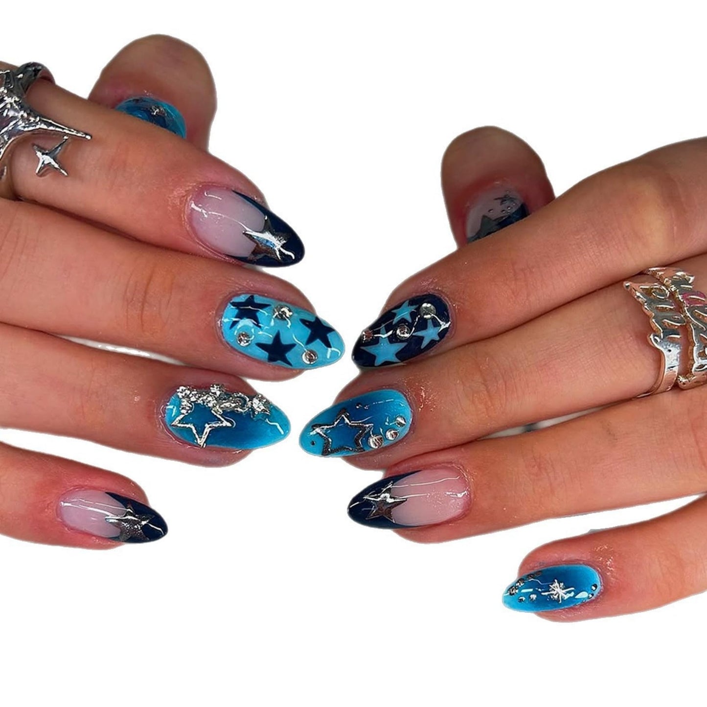 Octoswave Almond Long Press on Nails Y2K Blue Starry Design, Fake Nails with 3D Silver Stars & Charms, 24 Pcs Acrylic Nails for Women, Reusable with Jelly Adhesive for Party & Events
