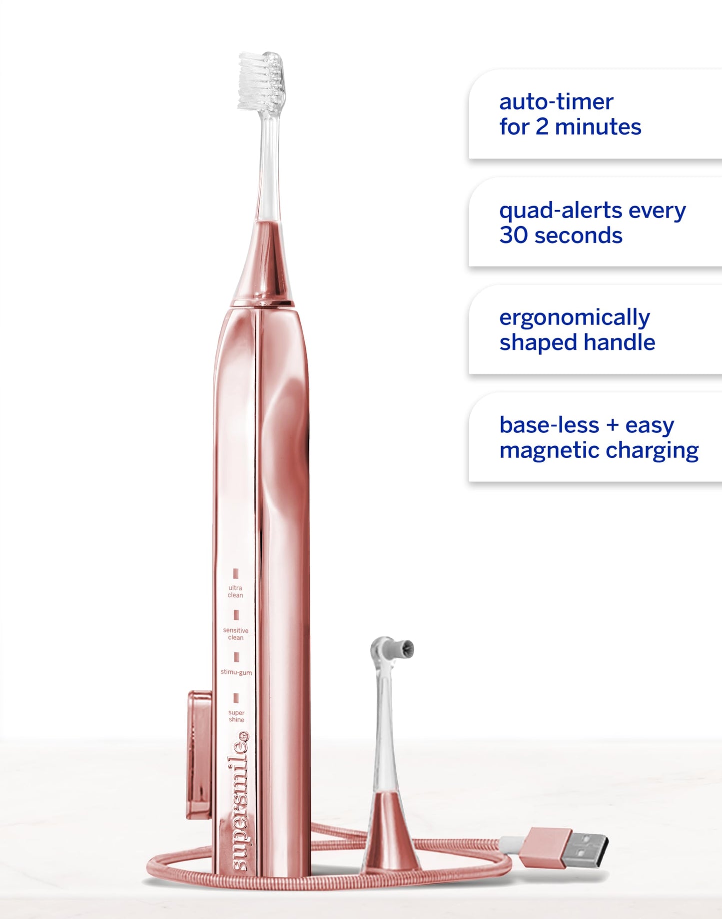 Supersmile Zina45™ Sonic Pulse Toothbrush – angled brush with polishing head for advanced cleaning – For Whiter Looking Teeth and Healthier Gums, Rose Gold
