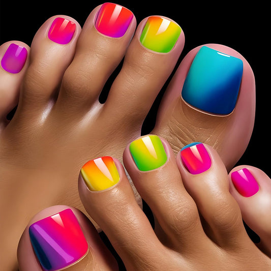 24Pcs Rainbow Colorful Press on Toenails Short Square Fake Toe Nails Colorful Gradient Glossy False Toenails Glue on Toe Nails Summer Reusable Full Cover Acrylic Toenails for Women