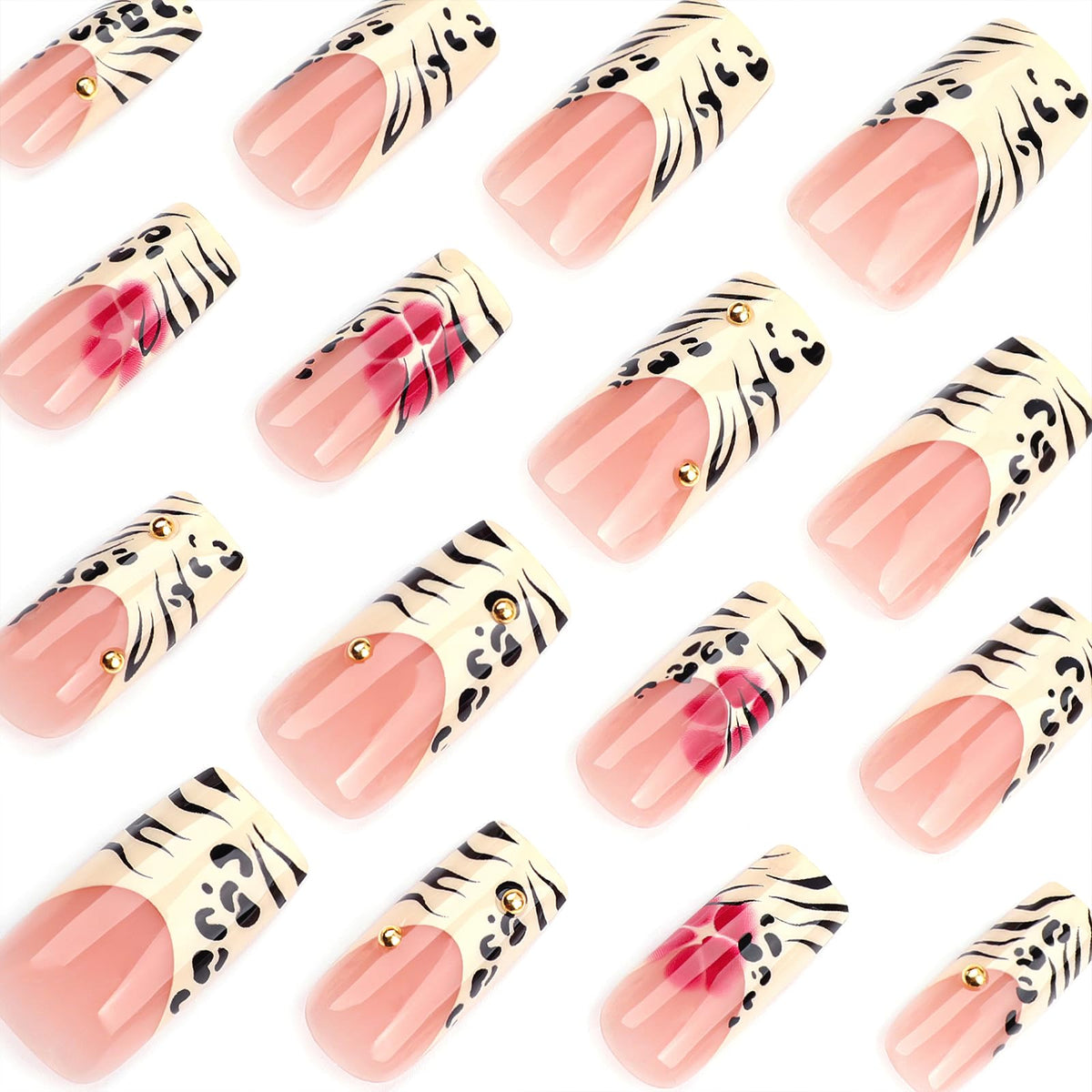 Jremg Leopard Print French Tip Press on Nails Long Square Fake Nails with 3D Gold Pearl Designs Glossy Red Flower Full Cover Glue On Nails Reusable Coffin Autumn Winter False Nails for Women 24Pcs