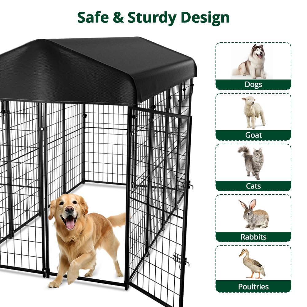 Dog Kennel Outside with Roof, 8'x6'x4' Outdoor Dog Kennels for Large Dogs, Heavty Duty Welded Dog Crate Playpen with UV-Resistant Waterproof Cover