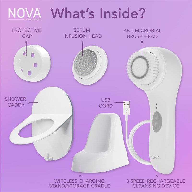 Spa Sciences - NOVA - Cleansing Brush with Bristles & Infusion System – Anti-Aging Facial Exfoliating, Waterproof, and USB Rechargeable