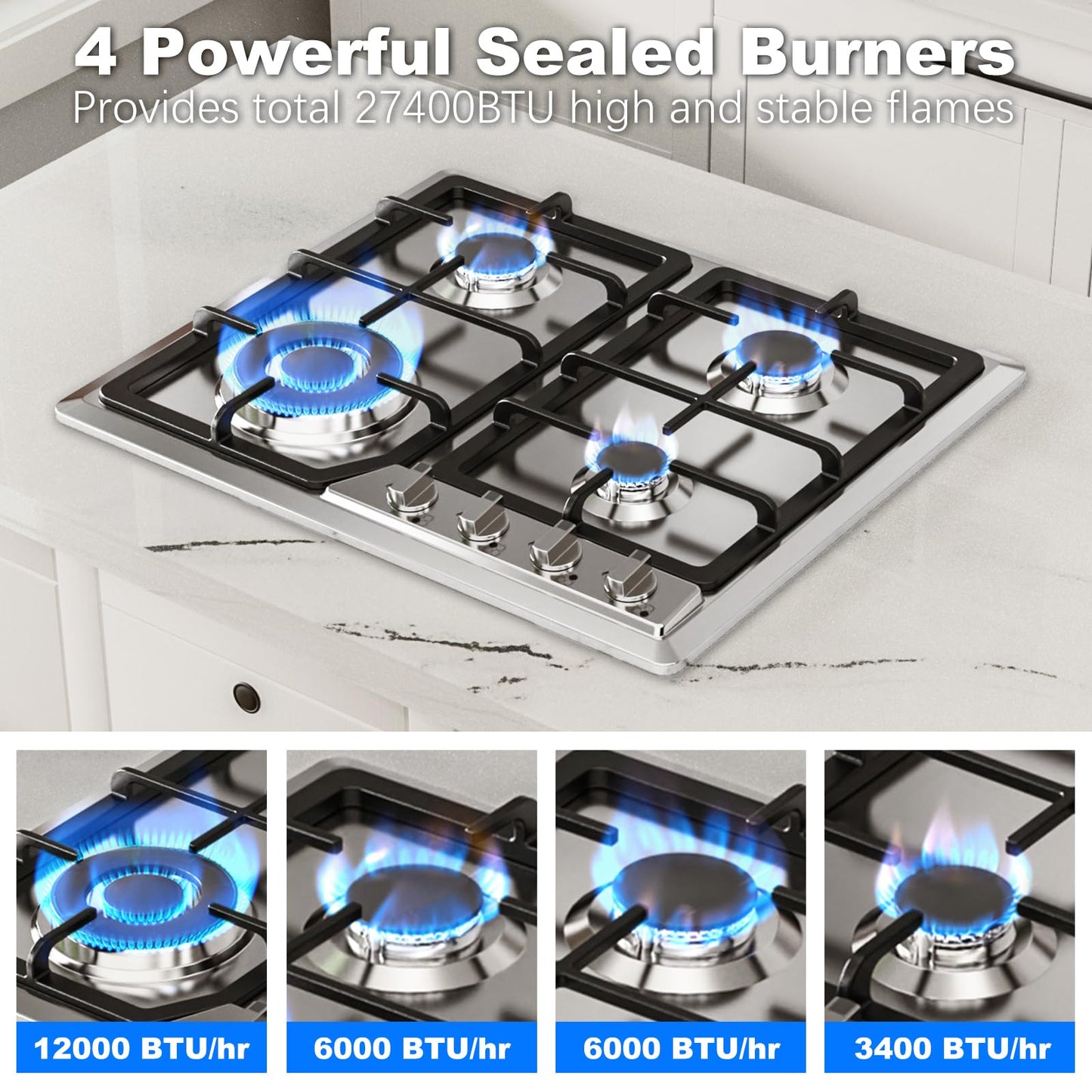 Alemania 24 Inch Built-in Gas Stove with 4 Burners, Stainless Steel Cooktop with Cast Iron Racks, NG/LPG Compatible Hob for Modern Kitchen