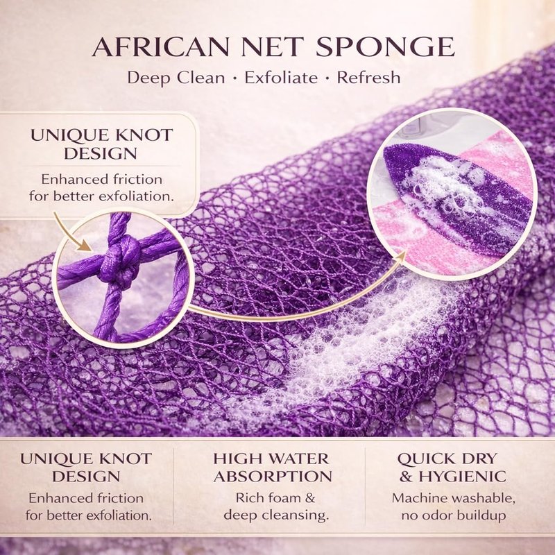 African Net Sponge Authentic, 3 Pieces African Exfoliating Net Sponge Body Back Scrubber Exfoliating Washcloth for Shower Bath for All Types (Black+Brown+Pink, 3 Pcs)