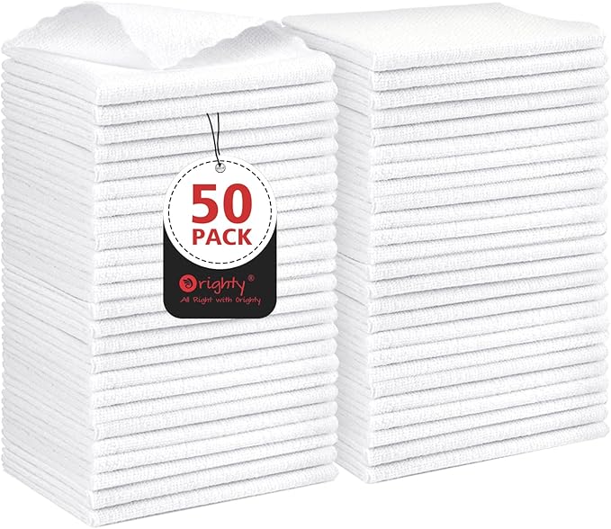 Orighty Cleaning Cloths, Shop Towels 50 Pack, Shop Rags Reusable, Microfiber Cleaning Rags Bulk for Cars, Multi-Purpose Lint Free Towels for Automotive, Mechanic, Kitchen, 11.5ââ x 11.5ââ, White