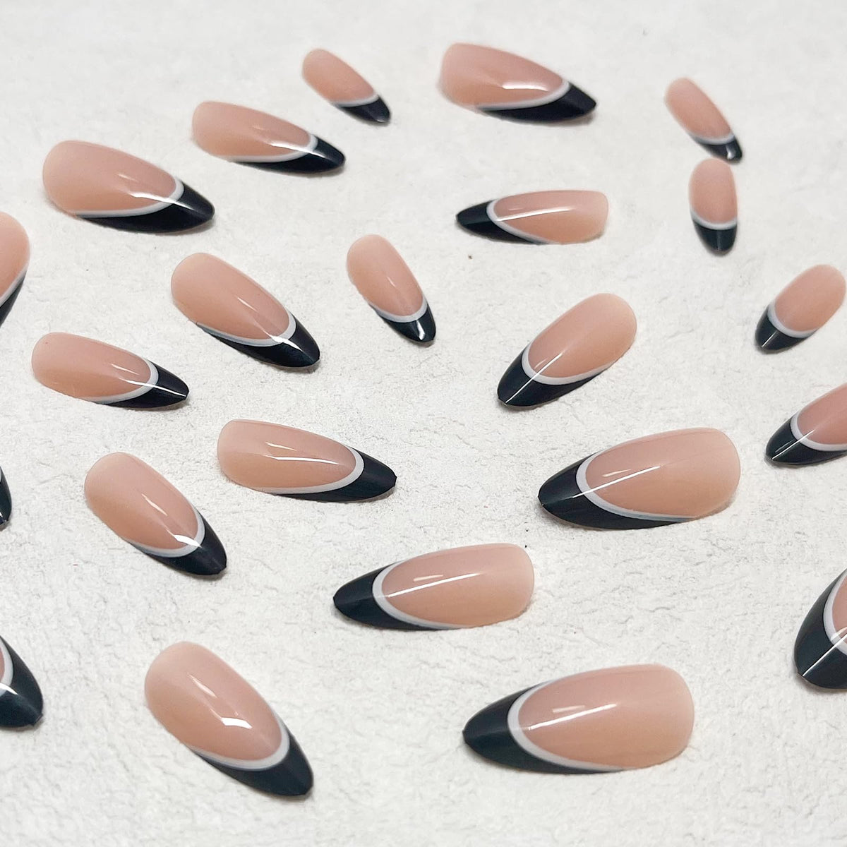 Jremg French Tip Press-on Nails - Medium Almond Shaped, Glossy Black With White Line Design - Full Cover Acrylic Nails for Women and Girls - DIY Manicure Set 24Pcs