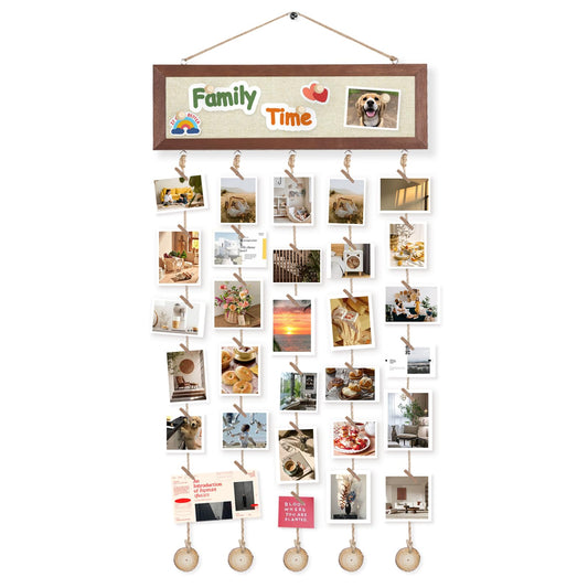 QUEENLINK Hanging Photo Display with 30 Clips and Linen Board, Rustic Wood Picture Frames Collage for Wall Decor, Vintage Dorm Room Bedroom Home Decor, Gifts for Women, Teens and Girls
