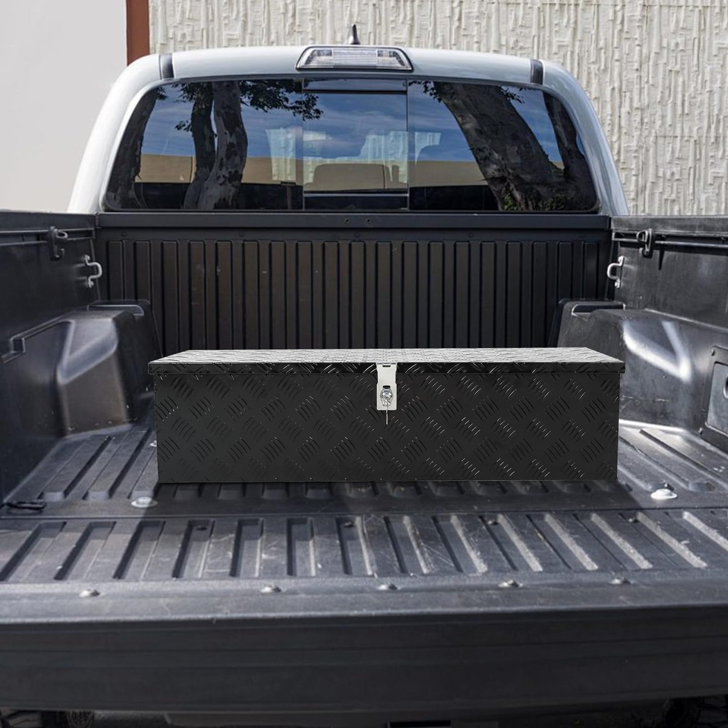 Heavy Duty Aluminum Stripes Plated Truck Bed Tool Box for Truck, Pickup, RV, Trailer, 39×13×10 inch Waterproof Storage Organizer with Side Handles, Lock and Keys（Black）