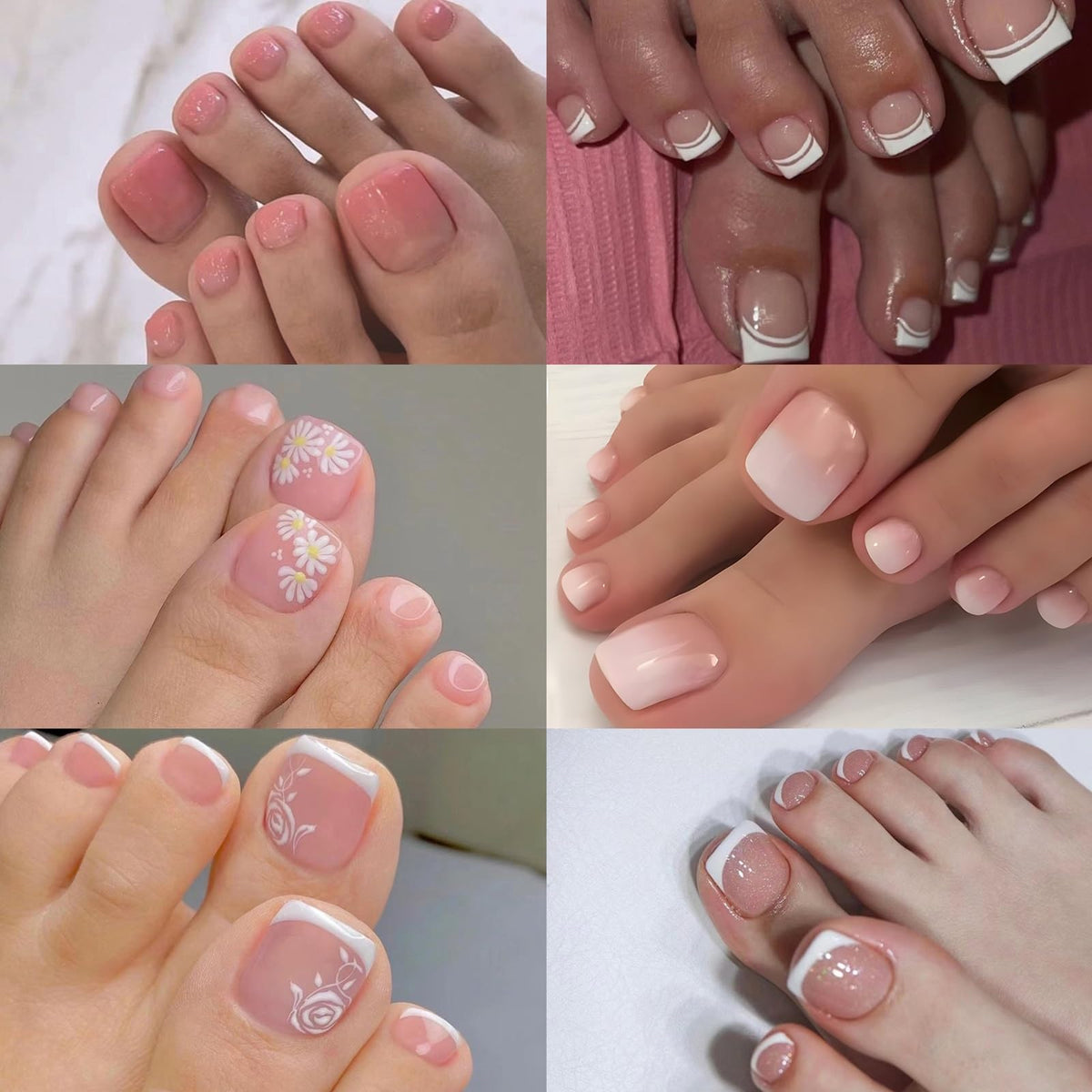 CTTHNBD 6 Packs (144 Pcs) Press on Toenails, French Tip, Pink, Flower, Glue on, Gel, Stick on, 12 Sizes-6 Styles