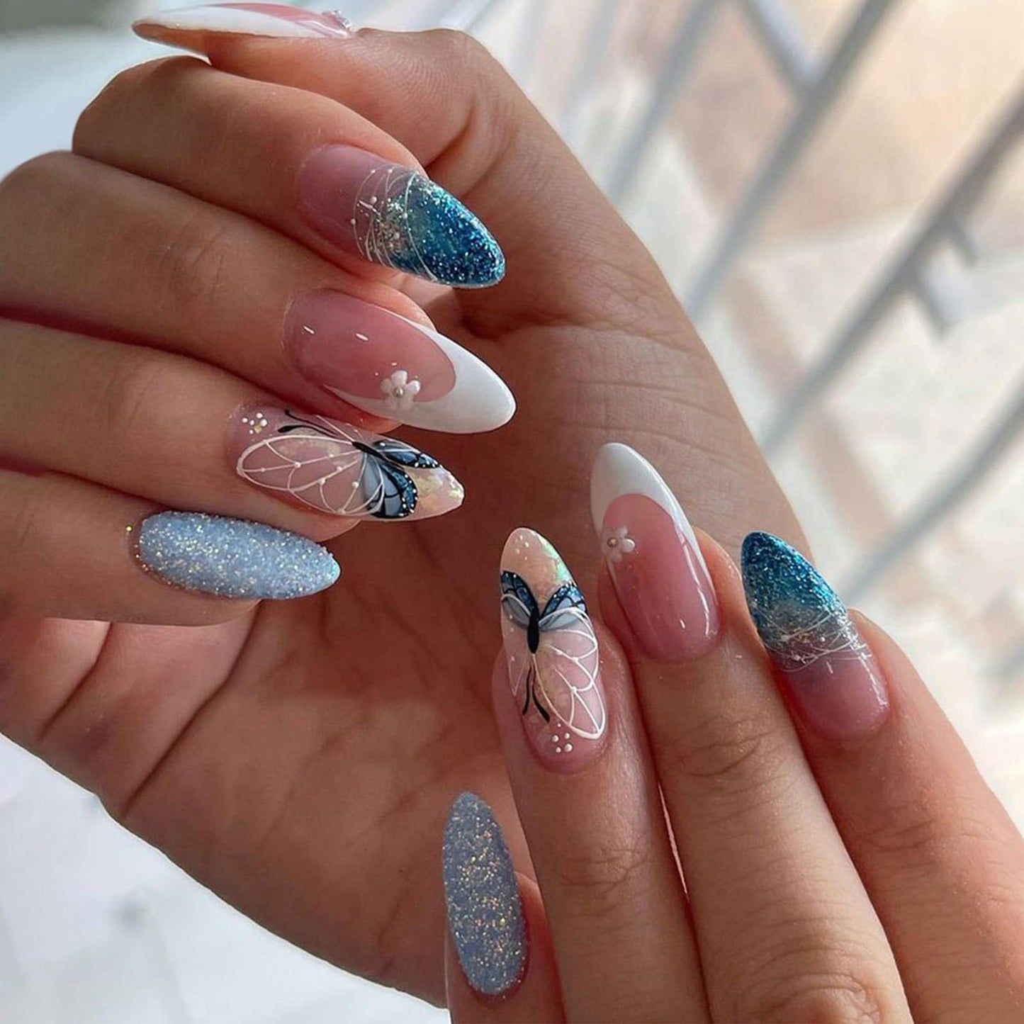 IMSOHOT Blue Press on Nails Medium Almond Fake Nails White French Tip False Nails with Butterfly & Glitter Designs Glossy Full Cover Acrylic Stick on Nails for Women Girls 24Pcs