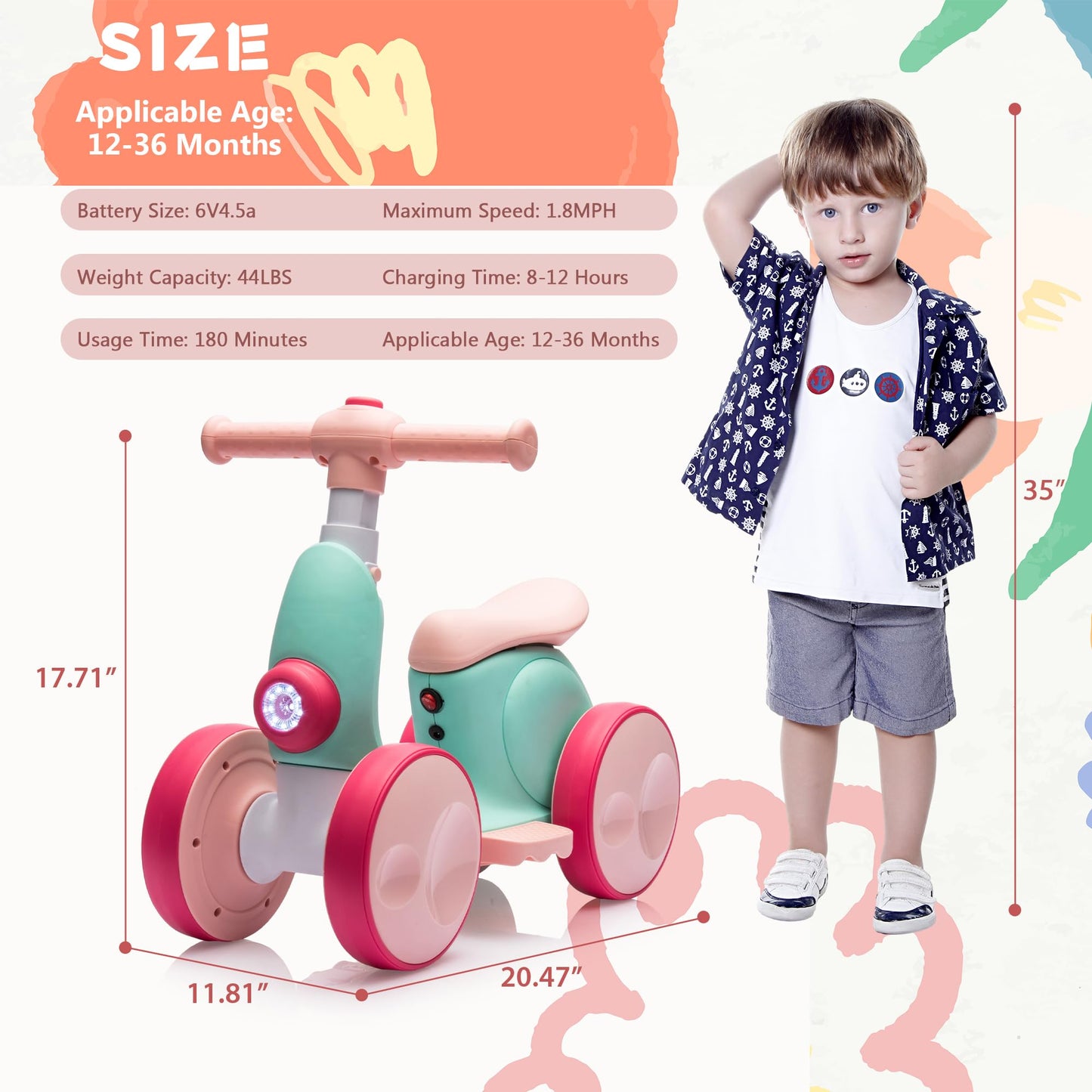 6V Electric Baby Balance Bike for 1 Year Old Boys Girls Ride on Toys 12-36 Months Toddler Balance Bike, 4 Wheels Kids First Bike with Remote Control First Birthday Gifts- Green&Red