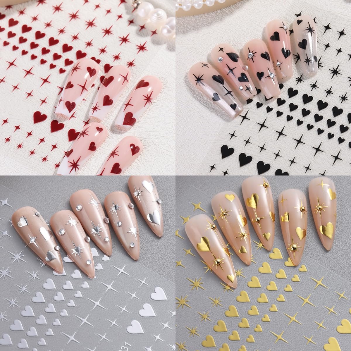 8 Sheets Gold Silver Heart Nail Art Stickers 3D Valentines Nail Decals Gold Silver Black Red Star Peach Heart Design Nail Stickers Cute Heart Nail Supplies for Women Acrylic Manicure Decoration DIY