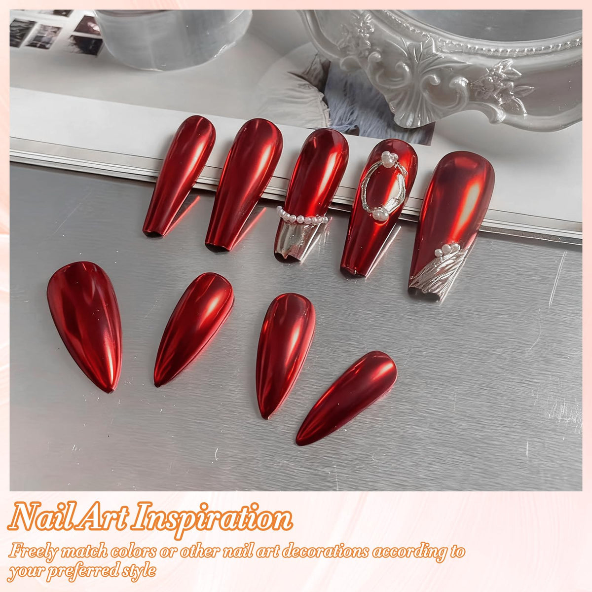 FNNZ Chrome Nail Powder, Red Metallic Nail Powder Pigment Premium Mirror Effect Salon Nail Art Glitter Dust for Valentines Gel Polish Decoration Home DIY Nail Manicure Supplies