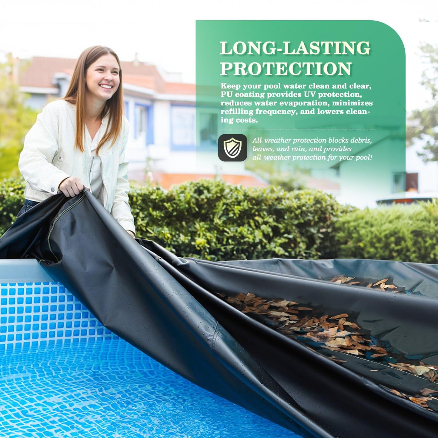 UIRWAY 10 Ft Round Pool Cover with Reflective Strips, Swimming Pool Cover for Above Ground Pools, Solar Cover Including Rope Tie and Luminous Ground Nails, PU Tarp Snug Fit for UV Protected