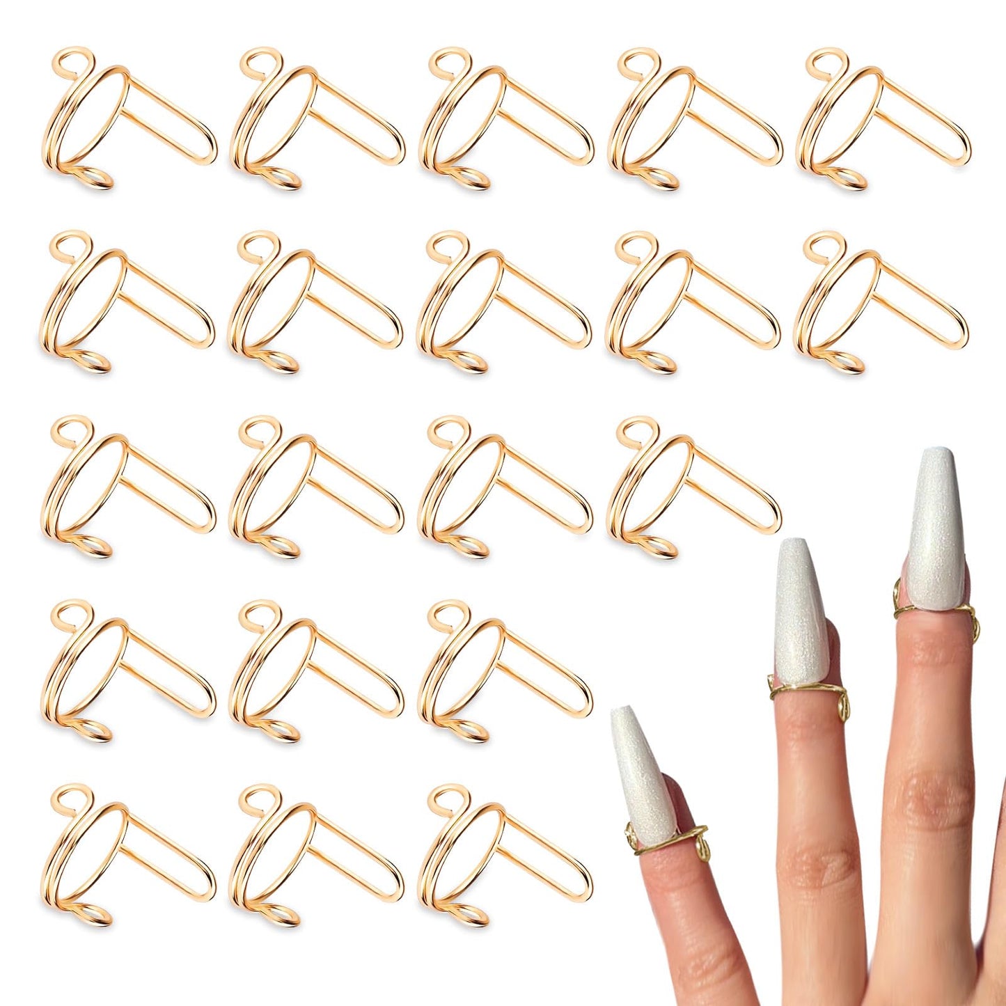 Bagentry 20 Pieces Detachable Nail Rings Gold, Adjustable Fingernail Rings for Women Girl Gift, Reusable No Glue Metal Nails for Fingers Art Decoration (Gold)