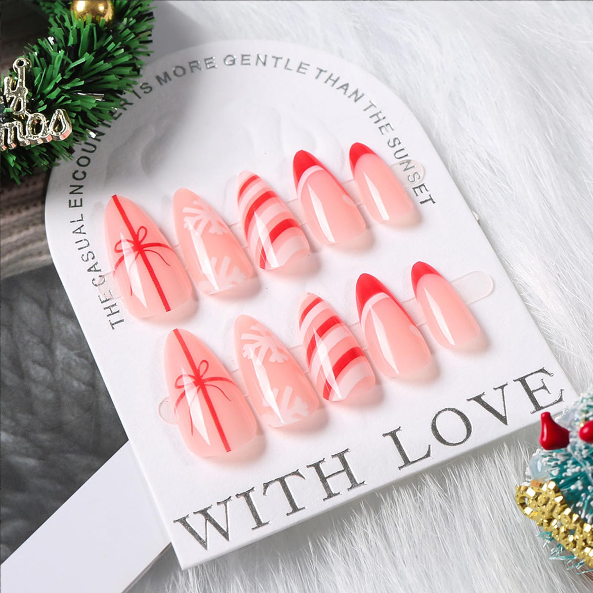 Christmas Press on Nails Medium Almond Red French Tip Fake Nails False Nails with Cute Christmas Hat & Snowflake Bow Designs Glossy Glue on Nails for Women Girls 24 Pcs