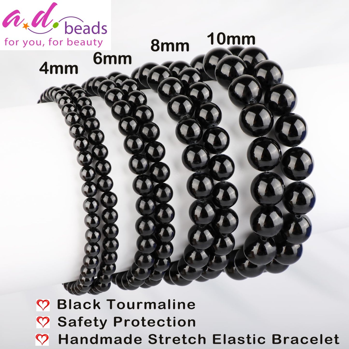 AD Beads 4mm Handmade Black Tourmaline Elastic Bracelet – Natural Gemstone for Safety Protection – Meditation, Yoga, Healing and Energy Gift for Men Women