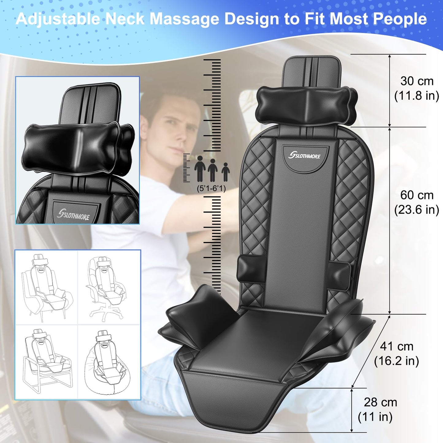 comrelax Back Massager with Heat & Traction & Vibration, Seat Massager Pad for Pain Relief Deep Tissue, Lumbar Traction, PU Leather, Foldable, for 5’ to 6’1”, Massage Chair Pad for Office Home