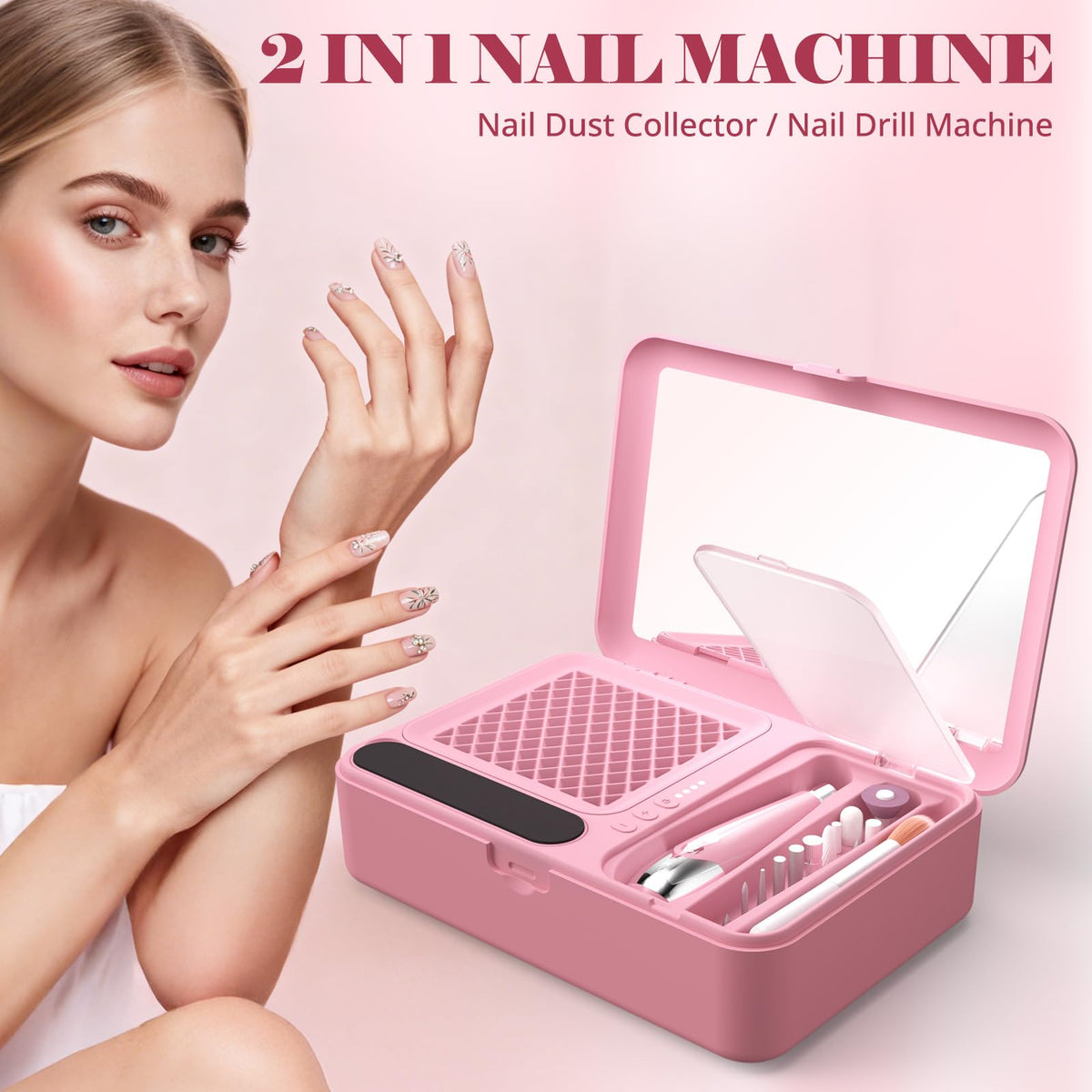 Nail Dust Collector and Cordless Electric Nail Drill File Kit, Professional Portable Manicure Pedicure, 13 Bits, HPro Powerful Dust Suction Machine for Home Salon - Pink