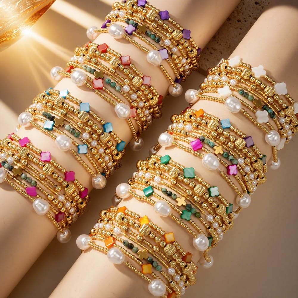 SHINUS BOHO 14K Gold Beaded Red Clover Stackable Bracelets for Women,7PCS/Set Boho Cross Pearl Beads Stretch Bracelets Stack Fashion Holiday Birthday Prom Jewelry Accessories Gift Friendship Sister