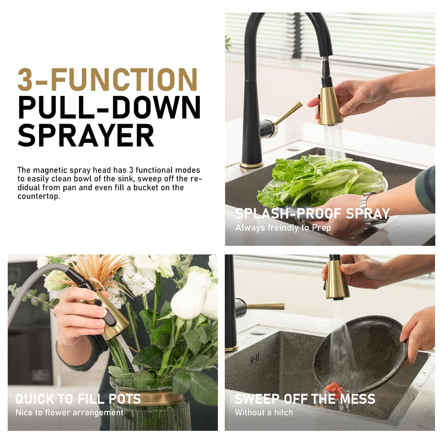 Kitchen Faucet with Pull Down Sprayer, Lava Odoro Matte Black and Brushed Gold Kitchen Sink Faucet, Black and Brass Faucet for Kitchen Sink with Magnetic Docking Spray Head and Deck Plate, KF321-GB
