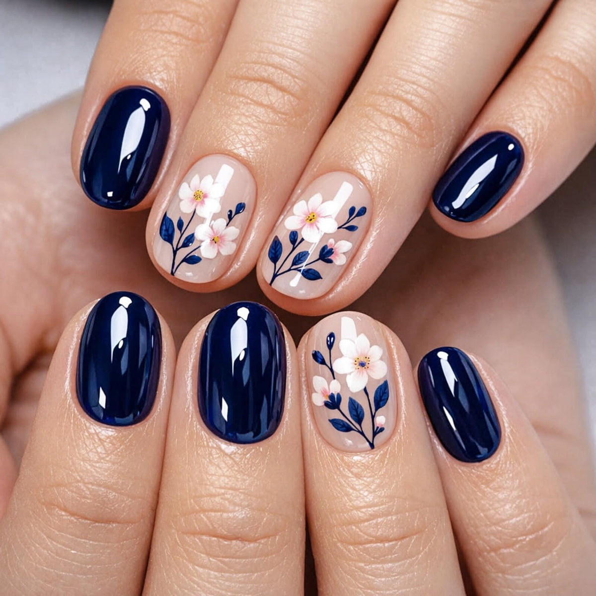 Floral Short Oval Press on Nails Soft Nude Navy Blue Base Pink White Floral Accents Glossy Finish Reusable Spring Nails Easy Apply Fashion Party Wear Durable Trendy Women Girls Nail Art 24 Pcs