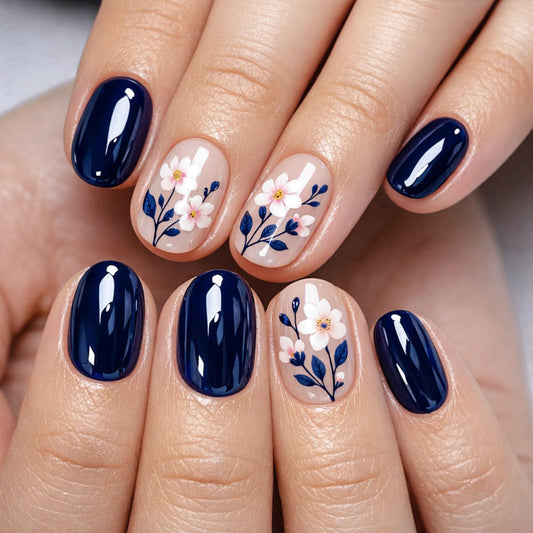 Floral Short Oval Press on Nails Soft Nude Navy Blue Base Pink White Floral Accents Glossy Finish Reusable Spring Nails Easy Apply Fashion Party Wear Durable Trendy Women Girls Nail Art 24 Pcs