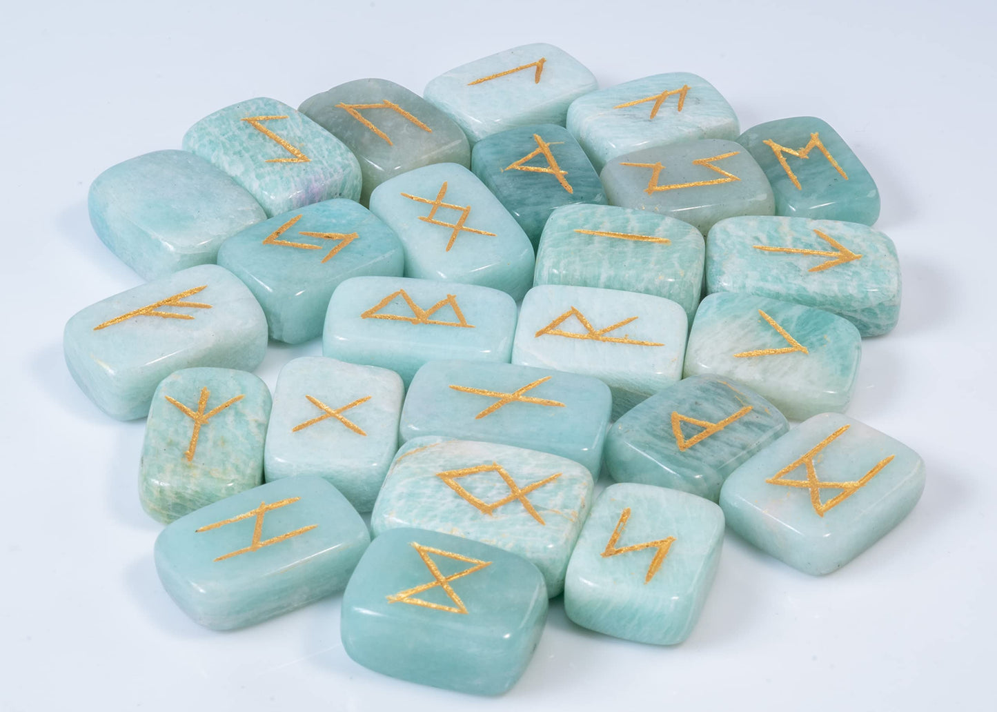 Crocon Amazonite Rectangle Shape Gemstone Runes with Elder Futhark Alphabet Engraved 25 pcs Rune Set Crystal Divination Metaphysical Healing Chakra Reiki Runes Set with a Pouch Size : 20-25mm