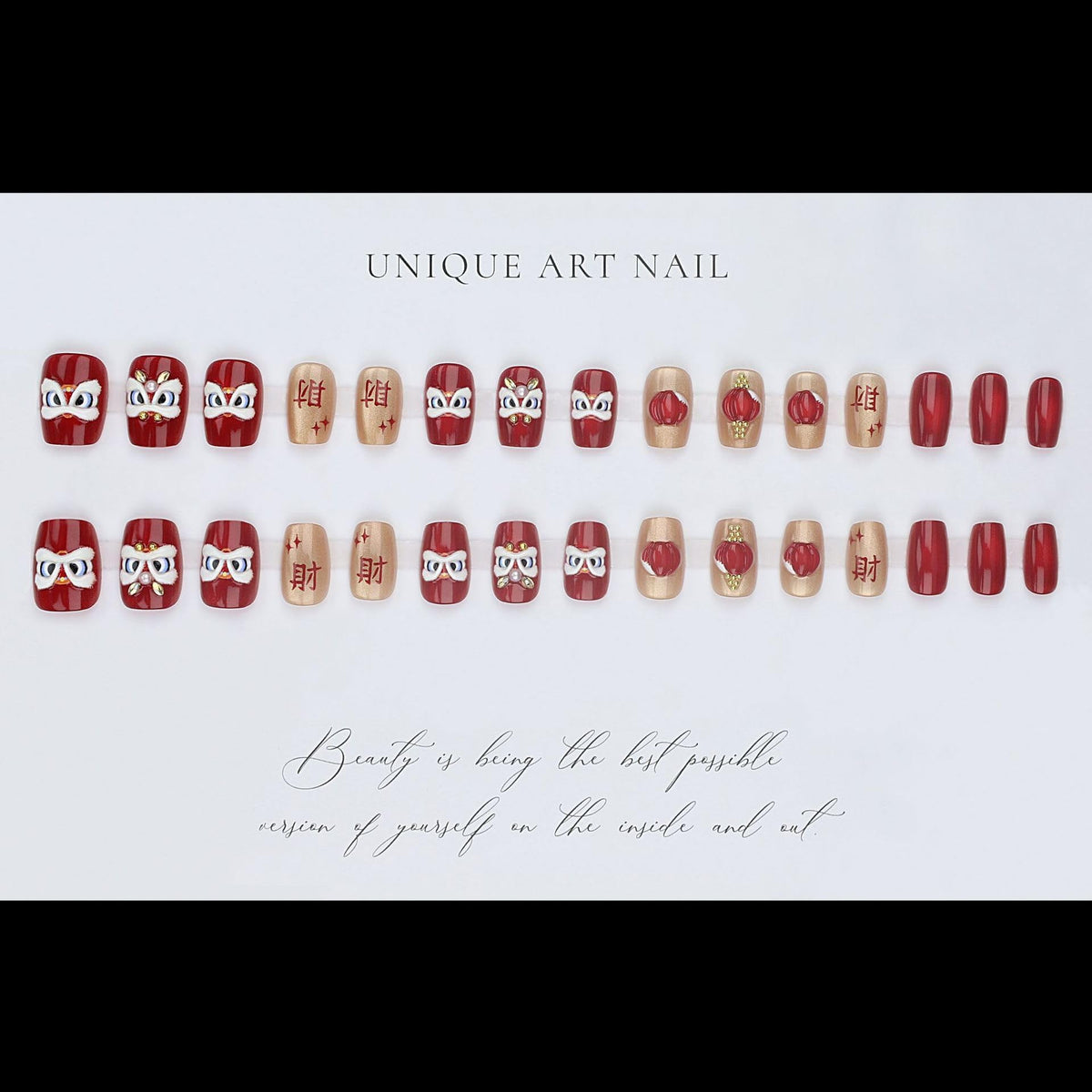 plalely Square Press on Nails Short Red Fake Nail Cute 3D Chinese Lion and LanternforChinese New Year Acrylic Nail Press ons Best WishesStick on Nail for Women 24pcs
