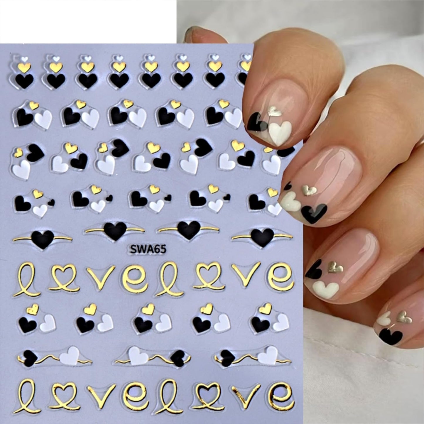 8 Sheets Valentine's Day Nail Stickers for Nail Art 3D Self Adhesive Heart Nail Art Stickers Black White Pink Valentine's Day Nail Decals Heart Nail Design Valentine Nail Art Supplies for Women