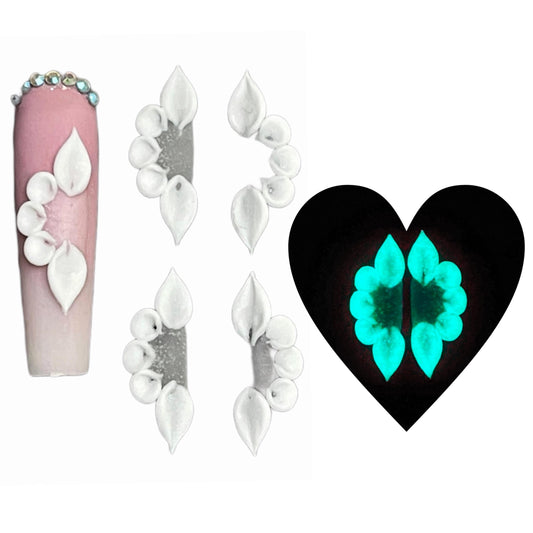 Set 12Pcs 3D Flowers Nails Charms Glow in The Dark Handmade by Acrylic Powder Design For Long Nail L,XL,XXL Flower Nail Art Floral Salon Decor Women Girls (White No Gems Glow in Dark-12Pcs)