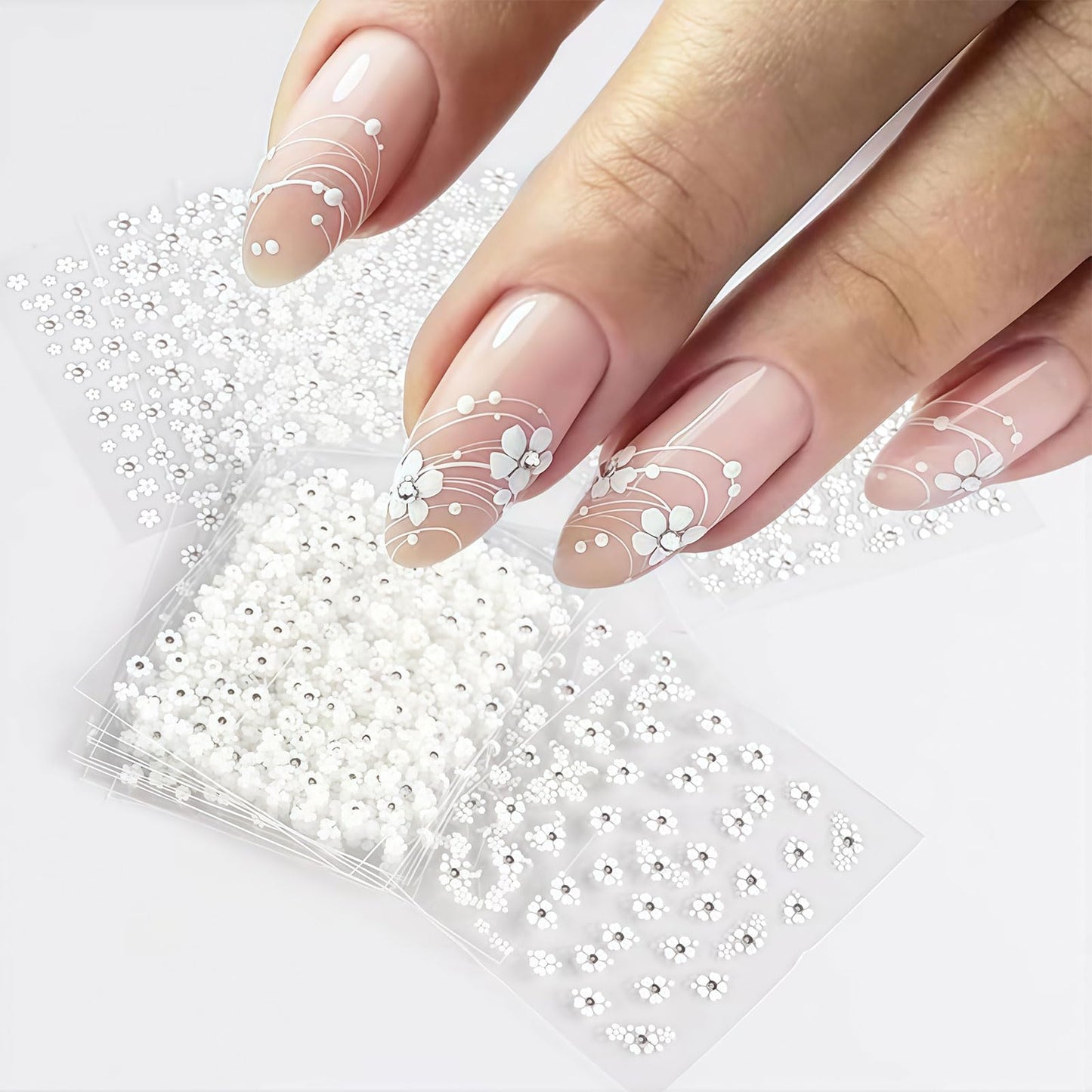 30 Sheets White Flower Nail Art Stickers, 3D Rhinestones Self Adhesive Floral Supplies Decals, Decoration Accessories for Women and Girls