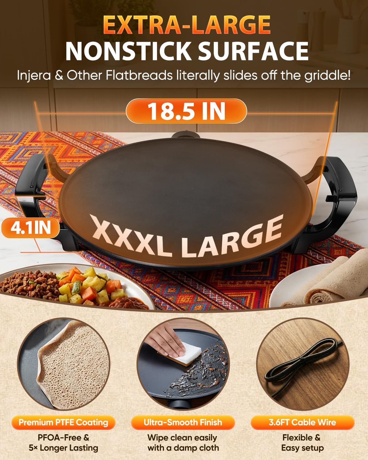 18.5" Mogogo Injera Maker Mitad/Electric Lefse Griddle, Adjustable Temperature & Time, Non-Stick Surface, Even Heating for Injera, Lefse, Crepe, Pancake, Dosa, Saj Bread & Other Flatbreads