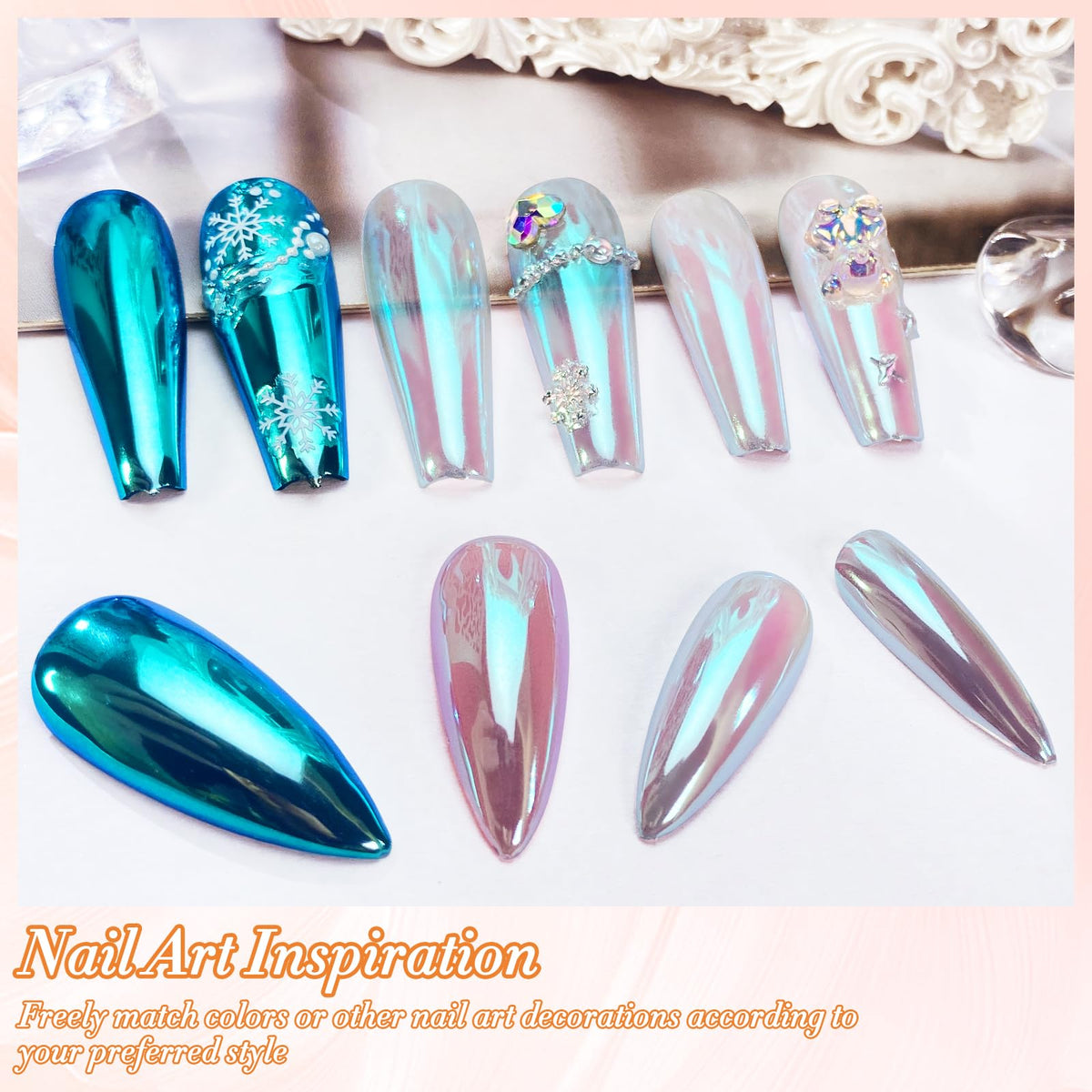 FNNZ Unicorn Chrome Nail Powder, Aurora Unichrome Mermaid Aurora Nail Powder Pigment Pearlescent Nail Art Glitter Decoration for Home DIY Nail Salon Manicure - Winter Snow