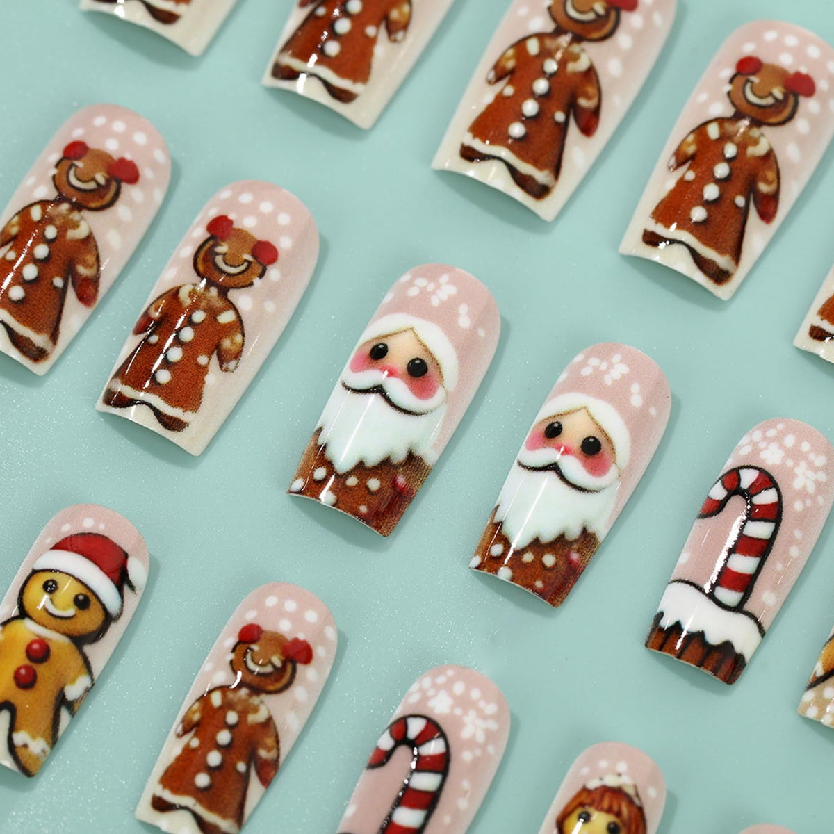 Christmas Press on Nail Long Square Fake Nails Gingerbread Man Santa Claus Snowflakes Polka Dot designs Acrylic Glossy Cute False Nails Brown Holiday Press ones Winter Xmas Manicure for Women 24pcs