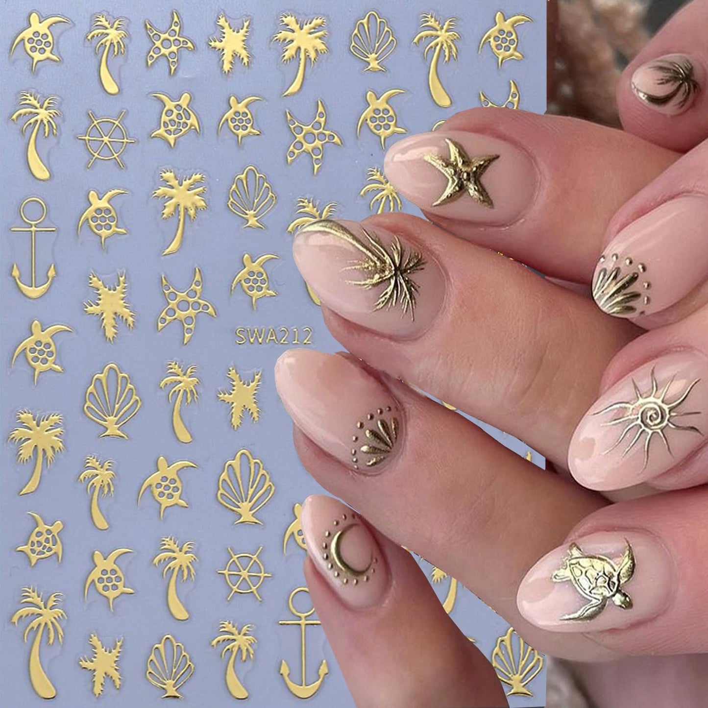 CJDLTS 6 Sheets Gold & Silver Ocean Nail Art Stickers 3D Self -Adhesive Coconut Tree Seashell Nail Decals Holographic Sea Turtles and Starfish Nails Stickers for Women Nails Decoration Supplies