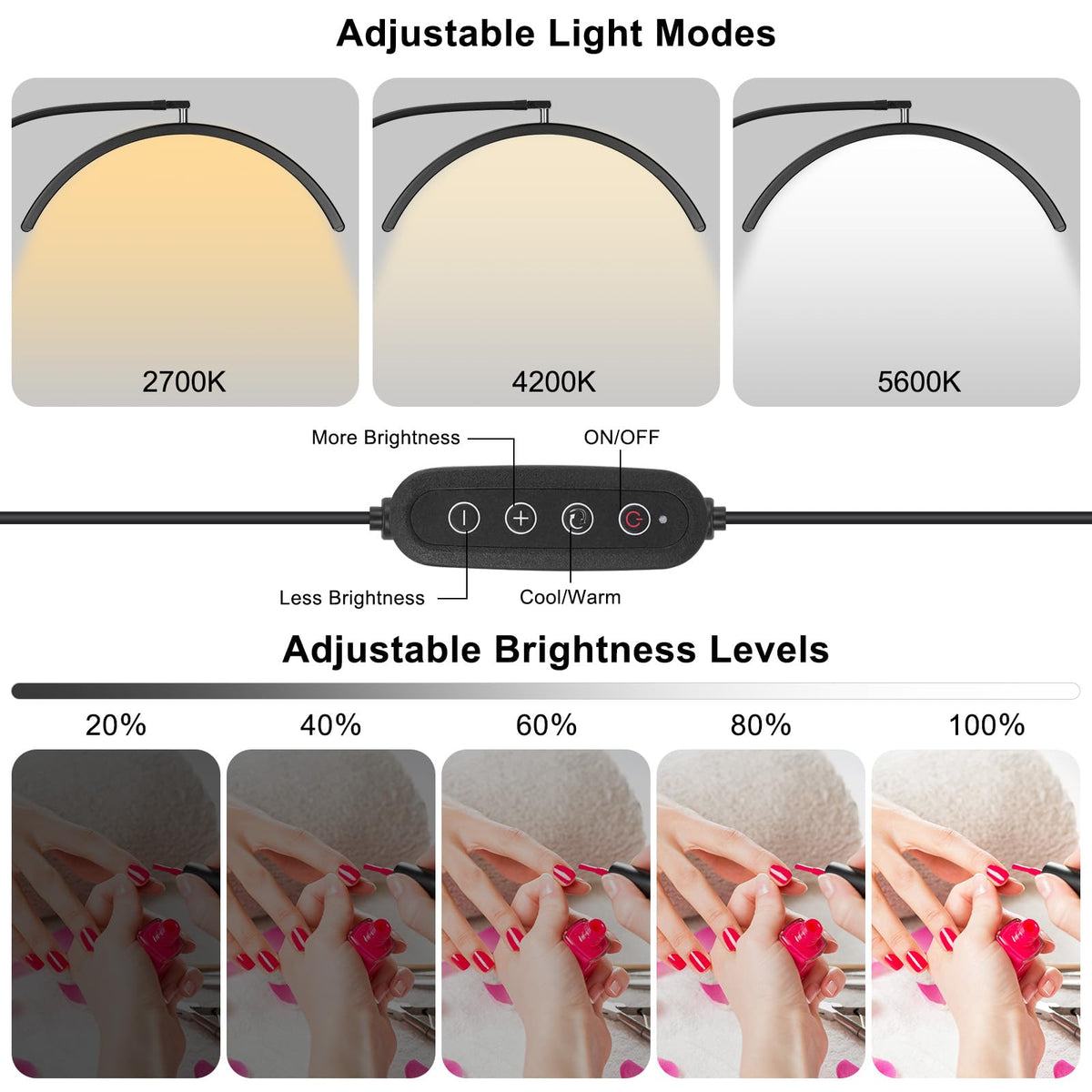 Half Moon Light for Nail Desk - Professional Shadowless LED Manicure Lamp with Clamp, 3 Color Modes & 10 Brightness Levels, Eye-Caring Beauty Lamp for Eyelash Extensions, Tattoo, Estheticians