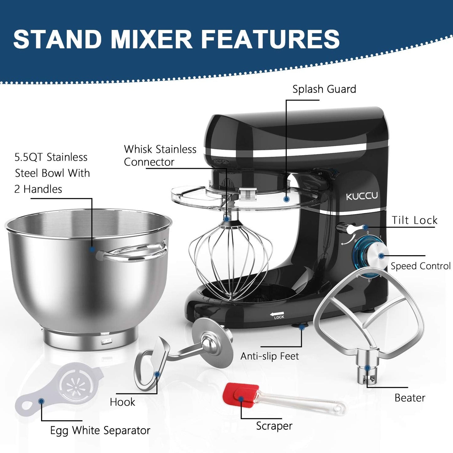 KUCCU Stand Mixer, 660W, 6-Speed Tilt-Head Food Dough Mixer, Kitchen Electric Mixer with Stainless Steel Bowl,Dough Hook,Whisk, Beater, Egg white separator (6.5-QT, Black)…