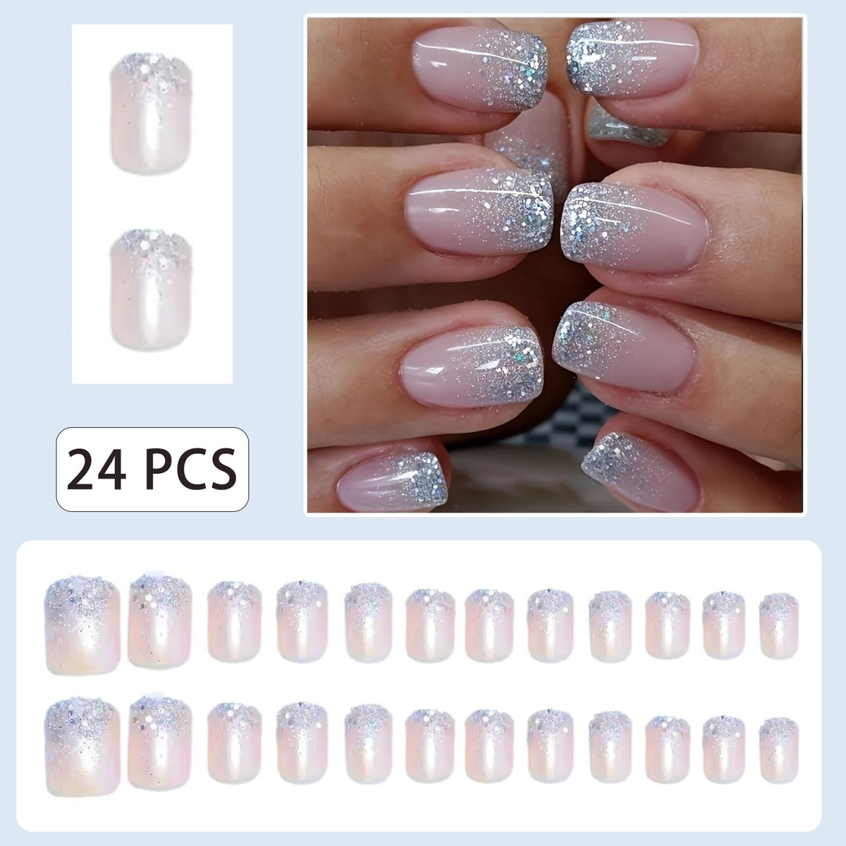 Glitter French Tips Press on Nails Short Square Silver Glitter Designs Full Cover Glossy Reusable Acrylic Stick on Fake Nails for Women Girls Daily Wear Nails Decoration 24Pcs