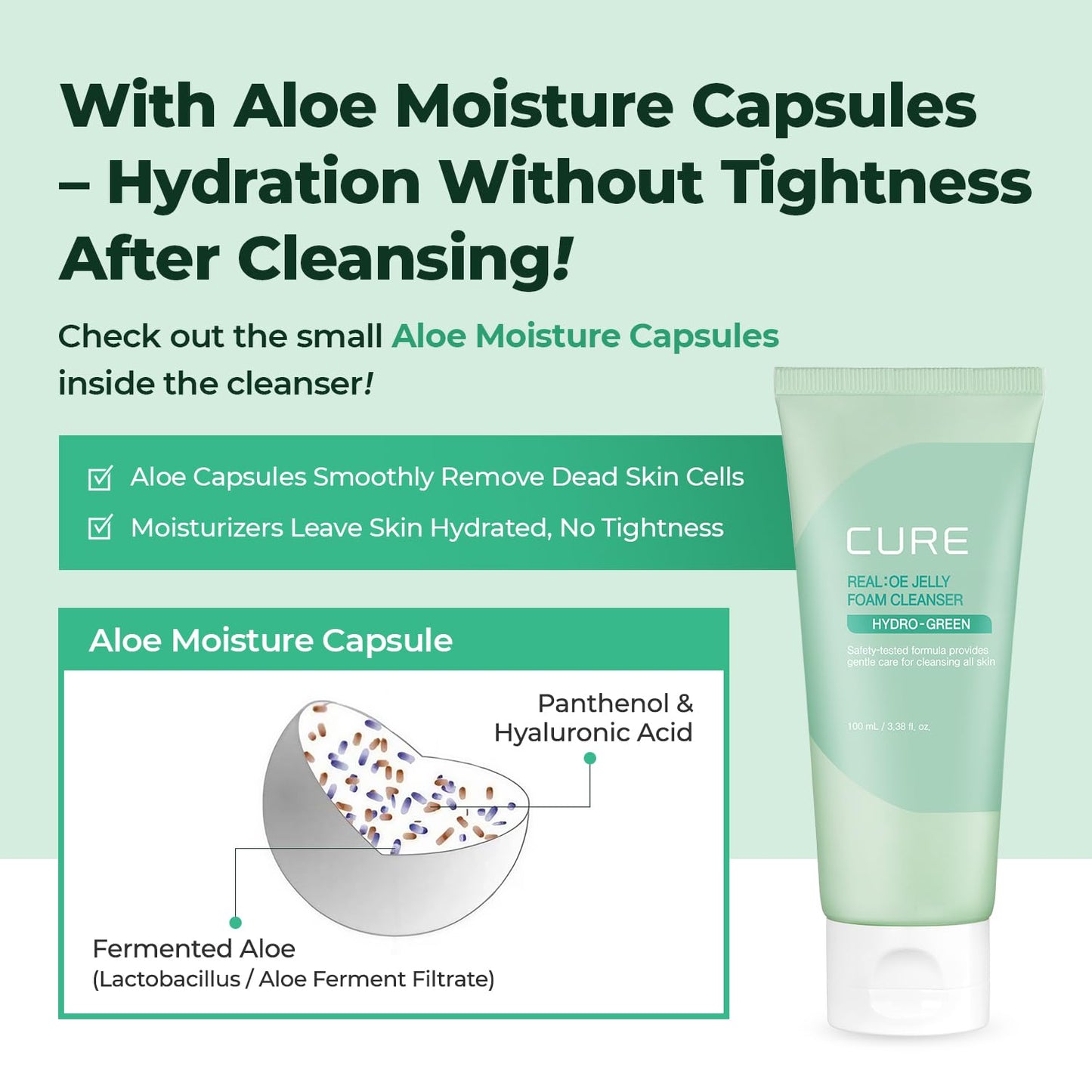CURE Aloe Vera Foam Cleanser – Hydrating Gentle Korean Face Wash with Aloe & Centella for Sensitive Skin, Pore Care & Deep Cleansing, 3.38 fl oz