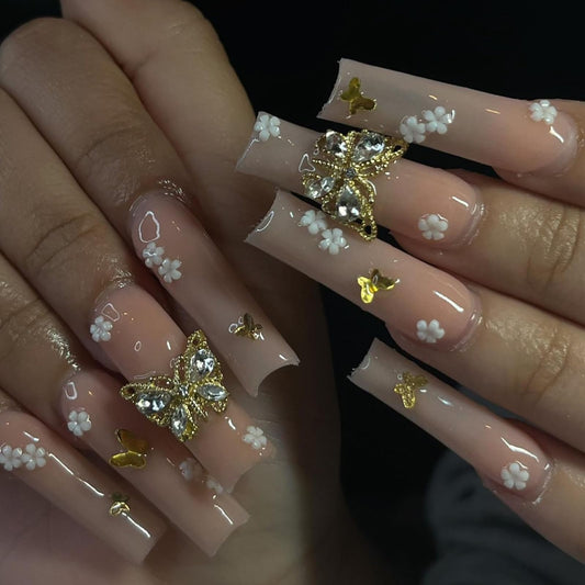 RTKHFZE Press on Nails Long Square Fake Nails Pink Acrylic Nails with Flower Rhinestones And 3D Butterfly Designs False Nails Full Cover Stick on Nail Glitter Artificial Nail for Women Manicure