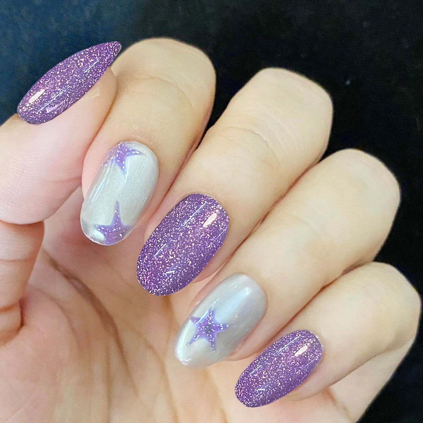 DreamRunNails Handmade Press on Nails, Purple Glitter and Opalescent French Tip, Medium Almond Shape, Reusable Glossy Acrylic Fake Nails for Women, Bridal Wedding Daily Wear