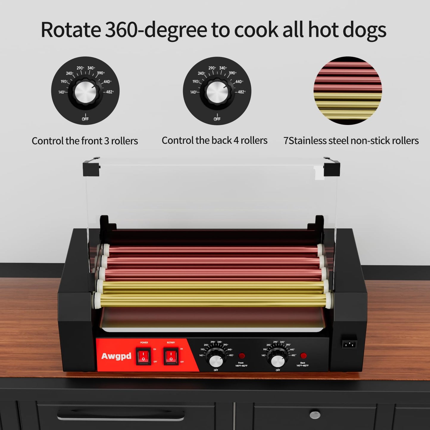 Hot Dog Roller 5 Rollers 12 Hot Dogs Capacity, 750W Stainless Steel Hot Dog Roller Machine with Dual Temp Control,Removable Drip Tray for Party Home Commercial (5 Rollers)