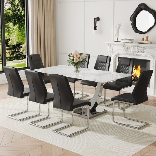 NYEESS 71" Dining Table Set for 8, White Dining Room Table Set with 8 PU Leather Chairs, Rectangular Faux Marble Kitchen Table Set for 8 with Tempered Glass Top and Silver Chrome Base