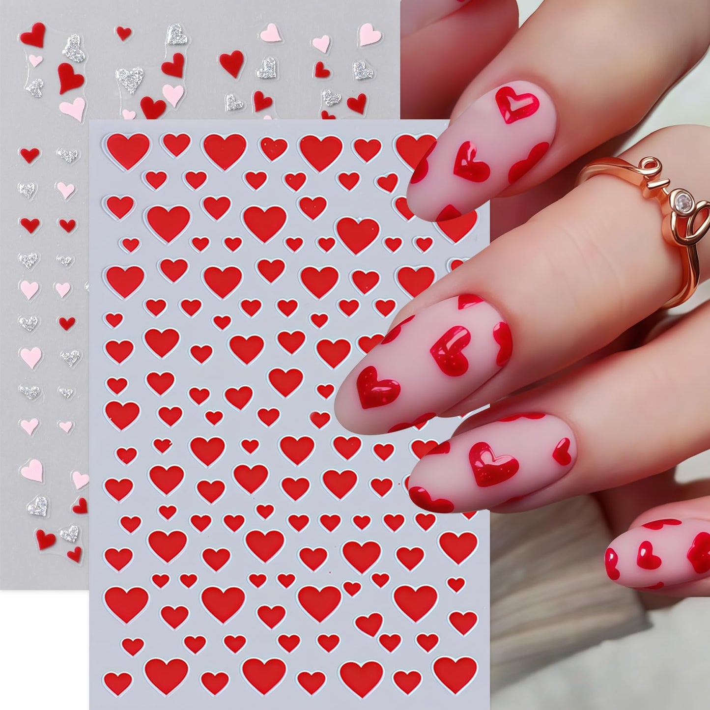 8 Pcs Valentines Day Nail Stickers French Heart Nail Decals Glitter Pink Silver Romantic Heart Curved Line Nails Design 3D Self-Adhesive Pink Red Silver Glitter Mini Hearts Nails Supplies for Women