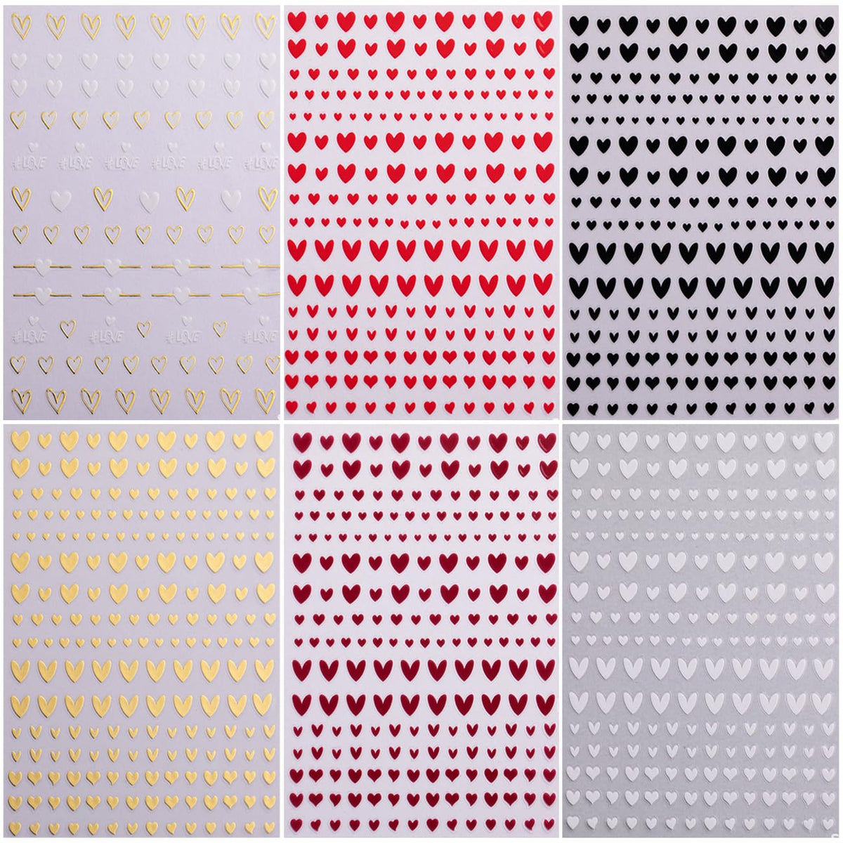 Heart Nail Stickers Decals for Nail Art, 6Sheets 3D Self Adhesive Hearts Nail Art Stickers for Women Gold Black White Red Heart Love Patterns Elegant Design DIY Valentines Manicure Accessories